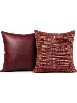 Nurhan Home Collection Bordeaux Duo Kırlent Kılıf Seti - Deri ve Düz Dokulu Dekoratif Kırlent Kılıf Takımı 2'li