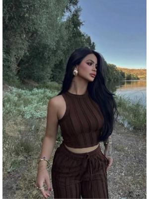EVOA Halter Yaka Crop ve Fırfırlı Gagari Pantolon Takım Xl - Kahverengi