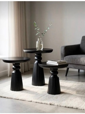 Aselya Home Doğal Ahşap 3'lü Set Siyah Mantar Yan Sehpa Modern Fiskos Zigon