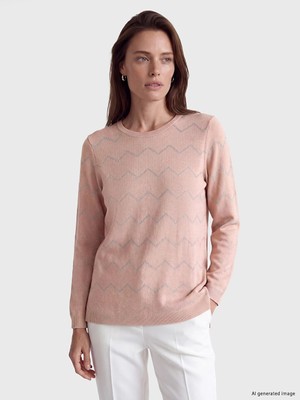 Lc Waikiki Yeni Sezon Pembe Bisiklet Yaka Zikzak Desenli Kadın Triko Kazak
