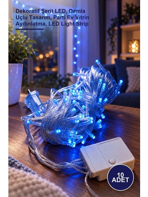 Yenilig 10 Adet 10M 100 LED Damla Uçlu Mavi Şeffaf Kablo – Dekoratif Şerit Led, Damla Uçlu Tasarım, Parti Ev Vitrin Aydınlatma, LED Light Strip
