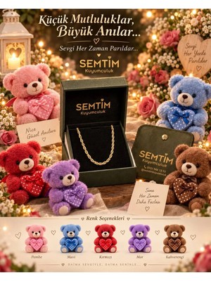 Semtim Kuyumculuk Burgu Halat Gold Zincir Kolye 70 cm & Kalpli Ayıcık Premium Hediye Seti Altın Sertifikalı, Özel Kutulu, Hediye Paketli