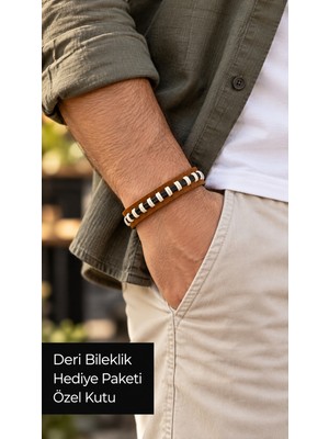 Herşey Nota Avelric Sandstitch Taba Deri Erkek Bileklik - Krem Ilmekli Geniş Bant