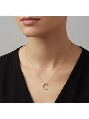 Can Kuyumcusu Rose Gold Renkli 925 Ayar Gümüş Zirkon Taşlı C Harfi Kolye - Isimli Minimal Işıltılı Kadın Kolye