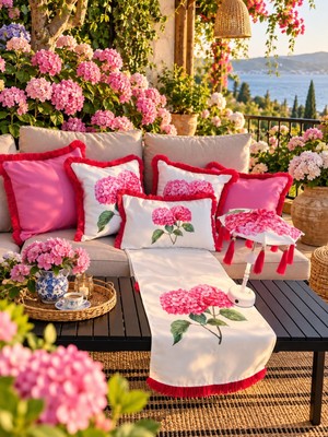 Missidea Pembe Ortanca Desenli Pilli Ledli Bali Şemsiyesi Seti(Şemsiye+Runner ve 5\'li Kırlent Kılıfı)