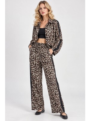 Mevese Yan Şeritli Leopar Desenli Kadın Yüksek Bel Jogger Pantolon - Leopar