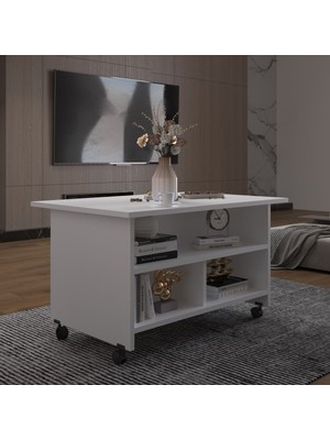 Asra Trend Lüks Raflı Tekerlekli Orta Sehpa %100 MDF Yemek Çalışma Masası OS001