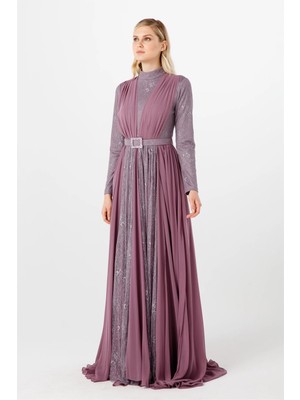 Esswaap Taş Toka Kemerl, Sifon Ve Dantelden Oluşan Abiye Elbise  Lila