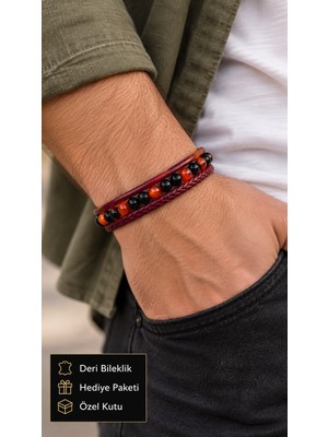 Herşey Nota Ravelcor Emberbead Bordo Deri Erkek Bileklik - Turuncu Siyah Boncuklu Örgü