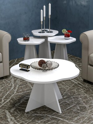 Quattro Home Çiçek Formlu Beyaz Sehpa Seti 4'lü