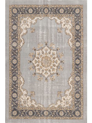Rugzella Milfoil Güvercin Grisi Antika Fildişi Vintage Eskitme Soyut Desen Yıkanabilir Halı
