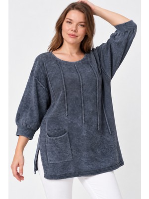 Etki Moda Kadın Italyan Stil Yarasa Kol Yanı Yırtmaçlı Cep Detaylı Oversize Triko Bluz