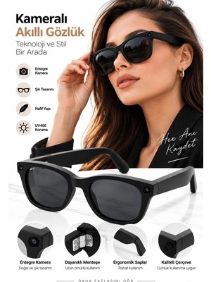 Astraltech Kameralı Akıllı Gözlük Smart Glasses Güneş Gözlüğü Modern Siyah
