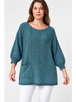 Etki Moda Kadın Italyan Stil Yarasa Kol Yanı Yırtmaçlı Cep Detaylı Oversize Triko Bluz