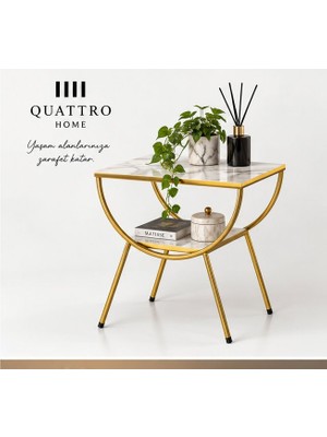 Quattro Home Gold Metal Yan Sehpa Efes Beyaz Mermer Desenli
