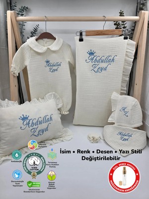 Yeni Doğan %100 Pamuk Müslin 4 Katlı Hastane Çıkış Seti (Hediyeli Isimli Nakış Desenli)