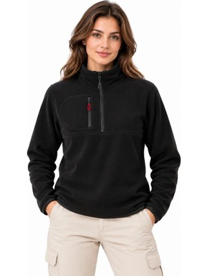 Tarz Yeri Kadın Polar Dik Yaka Yarım Fermuarlı Fermuarlı Göğüs Cepli Regular Fit Kışlık Sweatshirt - Siyah