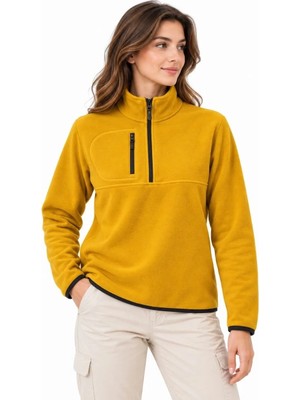 Tarz Yeri Kadın Polar Dik Yaka Yarım Fermuarlı Fermuarlı Göğüs Cepli Regular Fit Kışlık Sweatshirt - Hardal Sarısı