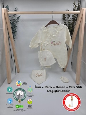 %100 Pamuk Müslin 4 Katlı Hastane Çıkış Seti (Hediyeli Isimli Nakış Desenli)