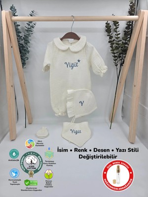 %100 Pamuk Müslin 4 Katlı Hastane Çıkış Seti (Hediyeli Isimli Nakış Desenli)