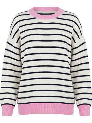 Magarde Premium Oversize Çizgili Triko Kazak- Fuşya