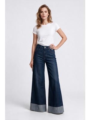 Vedi Kadın Yüksek Bel Geniş Paça Katlamalı Paça Denim Jean Pantolon