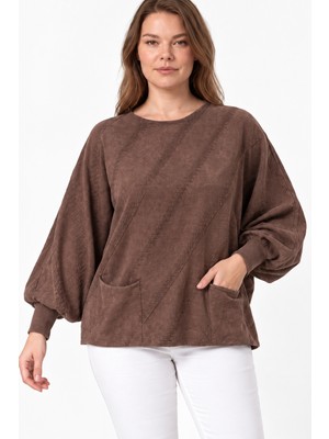 Etki Moda Kadın Italyan Stil Yarasa Kol Yanı Yırtmaçlı Cep Detaylı Oversize Triko Bluz