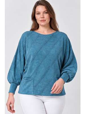 Etki Moda Kadın Italyan Stil Yarasa Kol Yanı Yırtmaçlı Cep Detaylı Oversize Triko Bluz