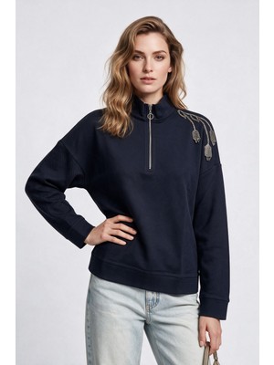 Vedi Kadın Dik Yaka Yarım Fermuarlı Omuz Detaylı Pamuk Karışımlı Sweatshirt