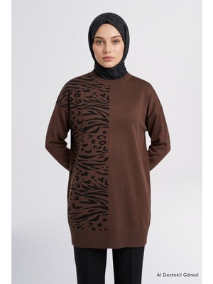 Armine Leopar Desenli Triko Tunik Acı Kahve