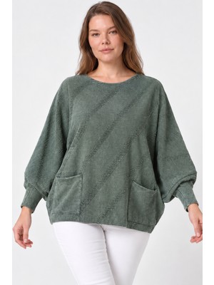Etki Moda Kadın Italyan Stil Yarasa Kol Yanı Yırtmaçlı Cep Detaylı Oversize Triko Bluz