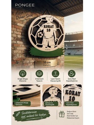 Pongee Futbol Temalı Isme Özel Ahşap Duvar ve Kapı Süsü - Lazer Kesim 3D Katmanlı Oda Levhası & Doğum Hediyesi 38X33 cm