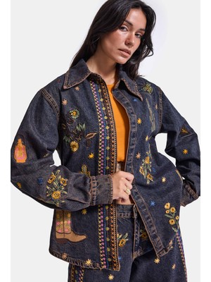 It's Basic Kadın Koyu Kot 1W6-10 Oversize Özel Nakış Desen Tasarım Denim Ceket