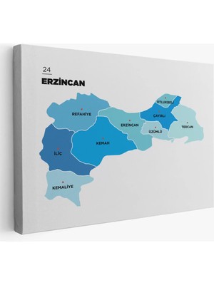 Cepahir Erzincan  Ili ve Ilçeler Haritası  Dekoratif Kanvas Tablo 1335