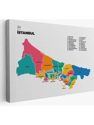 Cepahir Istanbul  Ili ve Ilçeler Haritası  Dekoratif Kanvas Tablo 1364