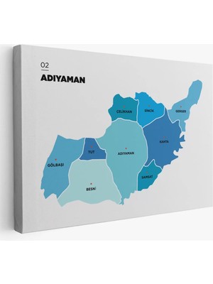 Cepahir Adıyaman  Ili ve Ilçeler Haritası  Dekoratif Kanvas Tablo 1249