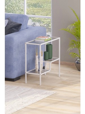 Marvielle Beyaz Renk Temper Camlı Metal Iskeletli - Yan Sehpa