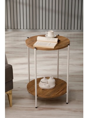 Marvielle Iki Katlı Yuvarlak Sehpa Q42X60 cm Beyaz Çam - Yan Sehpa