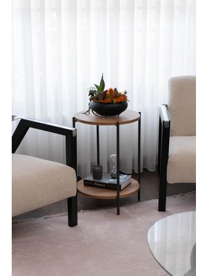 Marvielle Yuvarlak Tablalı Iki Katlı Sehpa Q42X60 cm (Lava - Atlantik Çam) - Yan Sehpa