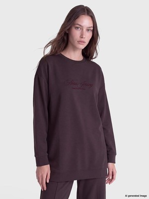 LC Waikiki Mürdüm Nakışlı Soft Touch Kadın Sweatshirt Tunik  (W6)