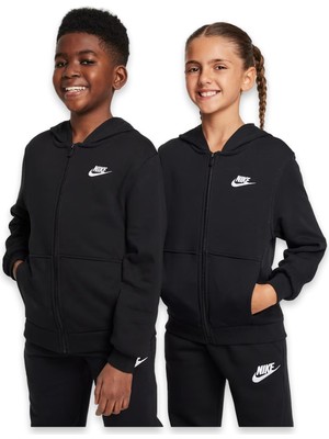 Nike FD3017 Nike Club Fleece French Terry Full-Zip Hoodie Siyah Çocuk Sweatshirt