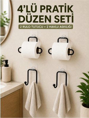 Marvielle Yapışkanlı Rulo Kağıtlık ve Havlu Askılığı 4’lü Set - Banyo Askısı