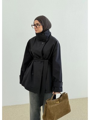 Moda Aksa 2093 Dik Yaka Çift Düğmeli Trenç Siyah
