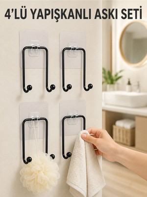 Marvielle 4'lü Yapışkanlı Askı Seti Mutfak Banyo Ev Için Duvar Askısı - Banyo Askısı