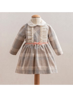 Florije Baby Elin – Bej Ekose Kız Bebek Elbisesi 6–24 Ay