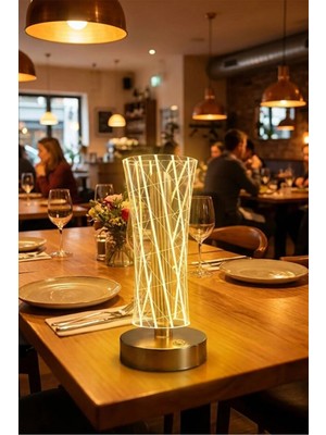 Decopat Premium Silindirik Kristal Çizgi LED Masa Lambası – Gold Taban, 3 Renk, Şarjlı
