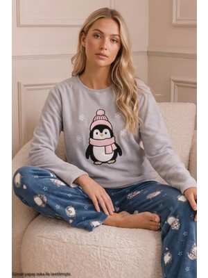 Siyah İnci Gri Nakışlı Alt-Üst Polar Kışlık Örme Pijama Takım 26222126