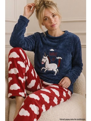 Siyah İnci Lacivert Nakışlı Üst Wellsoft Alt Polar Kışlık Örme Pijama Takım 26221712