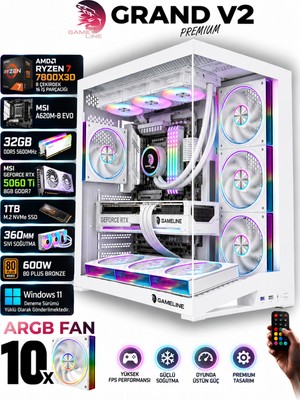 Gameline Grand | Ryzen 7 7800X3D | Rtx 5060 Ti 8GB | 32GB DDR5 | 1TB Nvme SSD | 360MM Sıvı Soğutma | 10X Argb Fanlı Oyuncu Bilgisayarı
