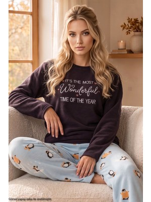 Siyah İnci Mürdüm Nakışlı Alt-Üst Polar Kışlık Örme Pijama Takım 26222129